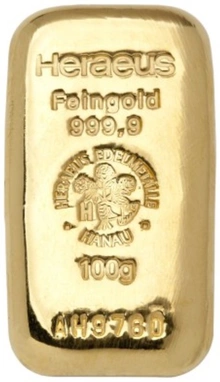 Heraeus 100 Grammi Lingotto d'Oro Colato