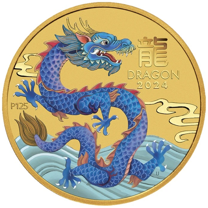 Moneta d'oro colorata da 1/20 once della Zecca del Perth del 2024 Anno del Drago