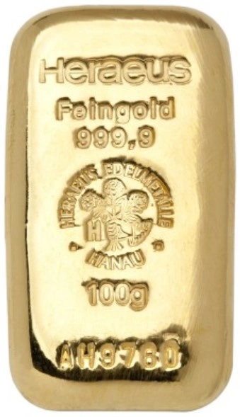 Heraeus 100 Grammi Lingotto d'Oro Colato