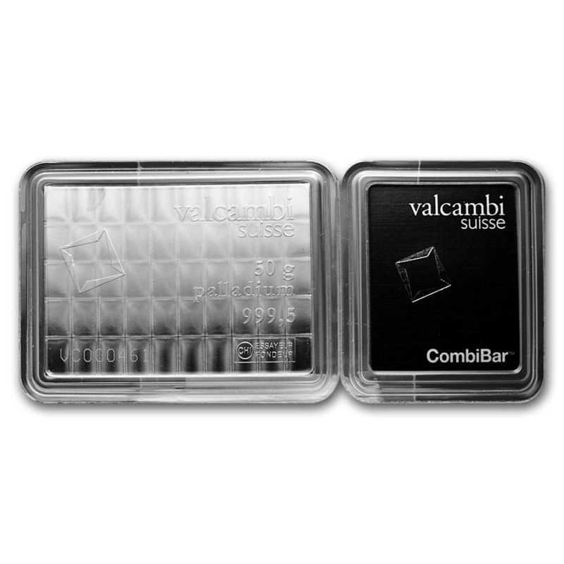 50 barre di palladio da 1 g Valcambi CombiBar