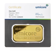 Umicore 100 Grammi Lingotto d'Oro