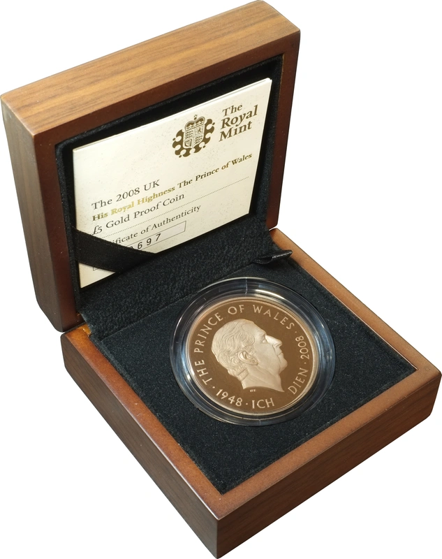 2008 Proof Gold Crown £5 Coin Prince of Wales 60th Birthday Boxed