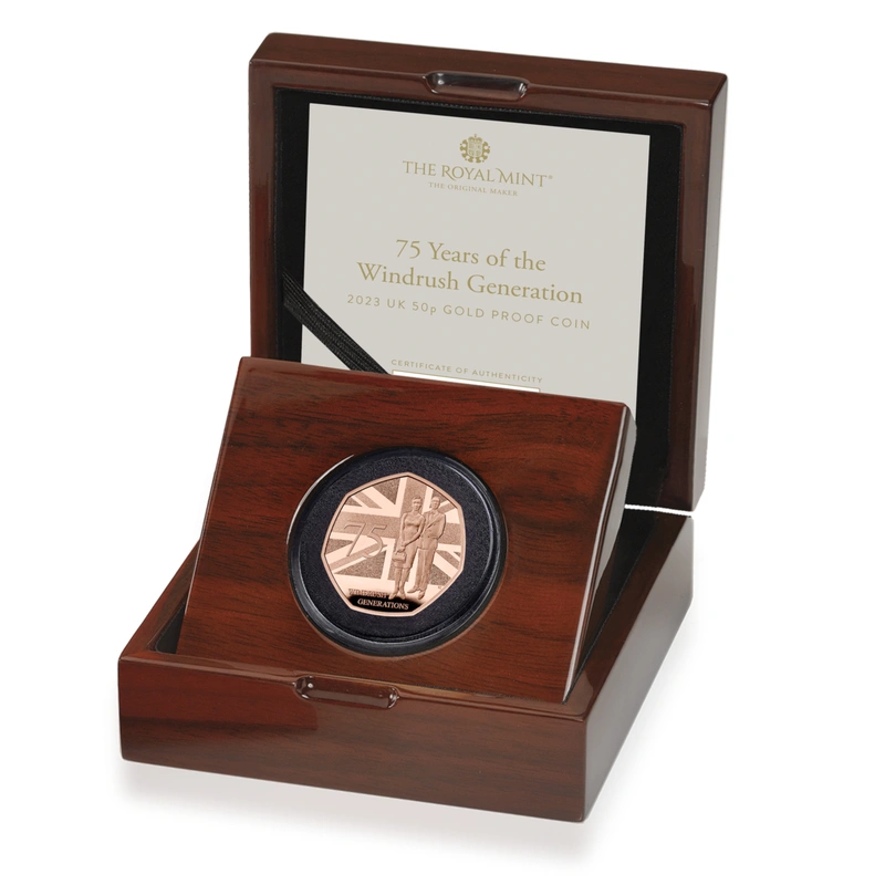 2023 75 Years of the Windrush Generation Fifty Pence 50p Proof Gold Coin Boxed