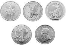 2024 Set di monete d'argento da 1 oz; Britannia, Krugerrand, Filarmonica, Aquila, Acero